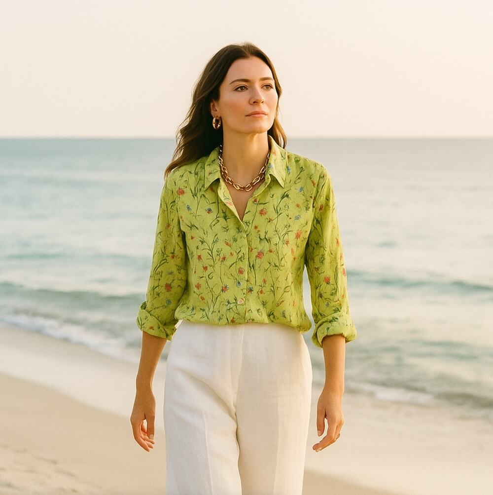 120% LINO Bria Button Down Linen Shirt Yellow Green Floral Sz 44/Medium {AA19}